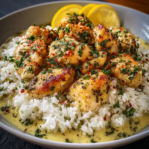 A plate of chicken scampi and rice.