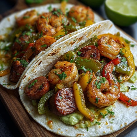 A taco with shrimp, peppers, and sausage.