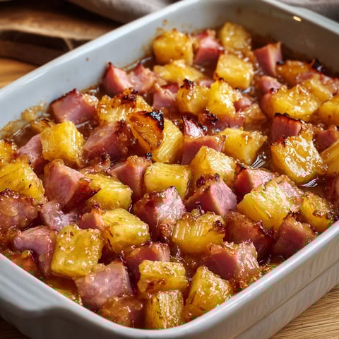 A pan of ham and pineapple baked with brown sugar.