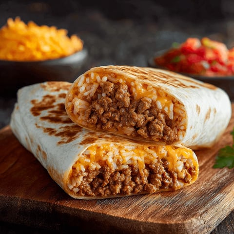 A cheesy quesarito is on a wooden cutting board.