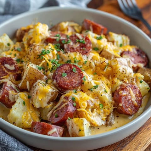 A plate of food with sausage and potatoes.
