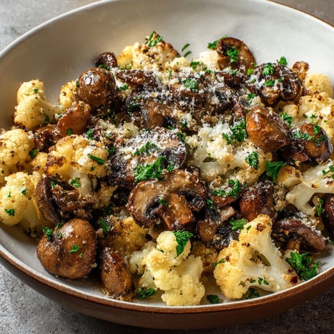 A bowl of sauteed mushrooms and cauliflower crumbles.