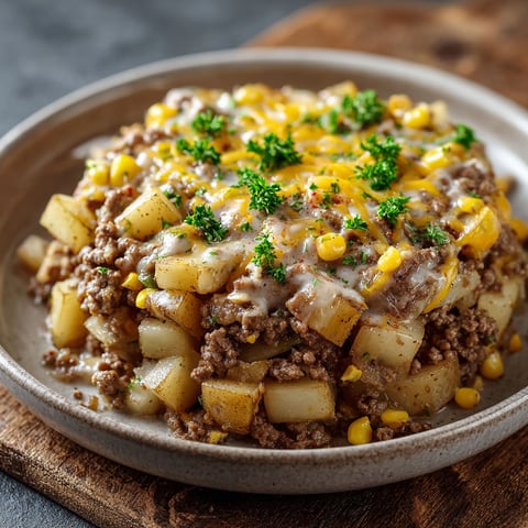 A plate of food with a cheese sauce and a side of corn.
