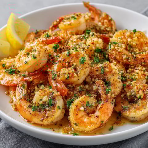 A plate of shrimp with garlic and herbs.