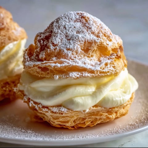 Two Italian cream puffs with powdered sugar on a plate.