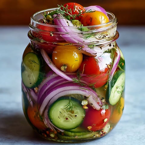 A jar of pickled vegetables with cucumbers, onions, tomatoes, and peppers.