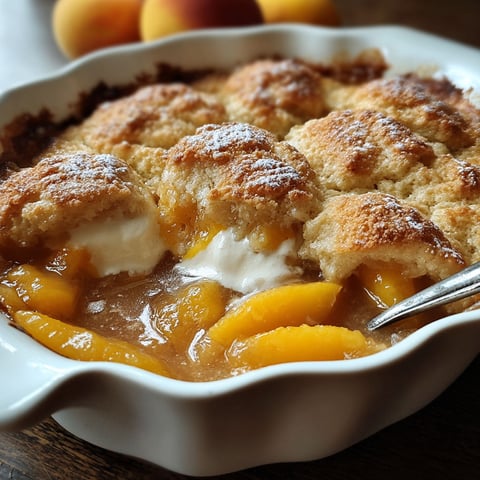 A white bowl filled with peach cobbler.