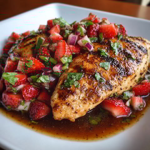 A plate of chicken with strawberries and basil.