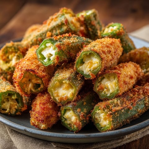 A plate of pepper jack cheese stuffed okra.