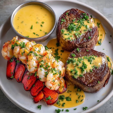 A plate of food with lobster and steak.