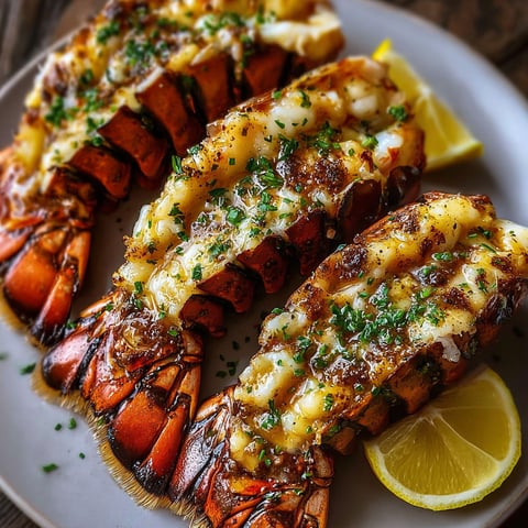 Grilled cowboy butter lobster tails on a plate.