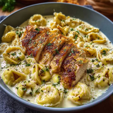 A bowl of pasta with chicken and cheese.