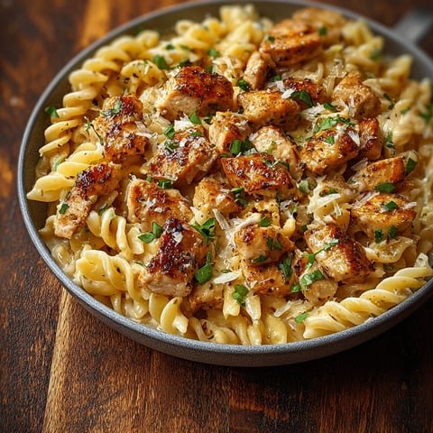 A plate of garlic butter chicken parmesan pasta.
