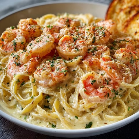 A bowl of shrimp alfredo pasta.