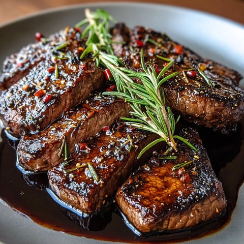 A plate of steak with a sprig of rosemary on top.