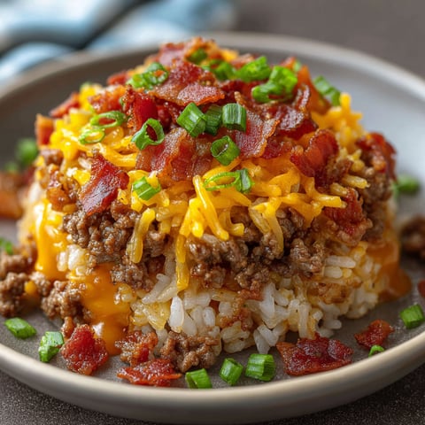 A plate of food with bacon cheeseburger rice stack.