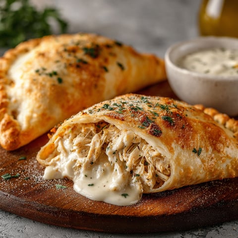 Two chicken Alfredo air fryer calzones with sauce.