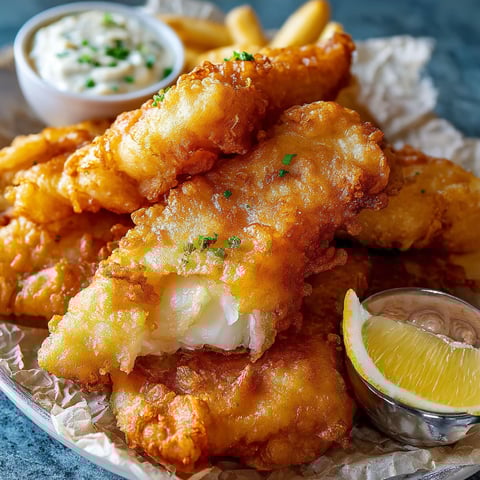A plate of batter dipped fish with a lemon wedge.