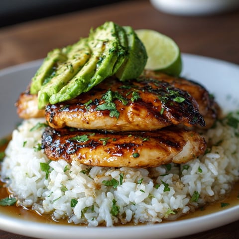 A plate of food with rice, chicken, and avocado.