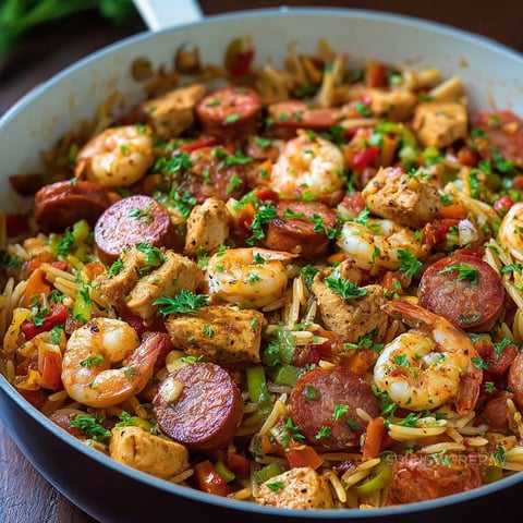 A dish of jambalaya pasta with sausage, shrimp, and peppers.