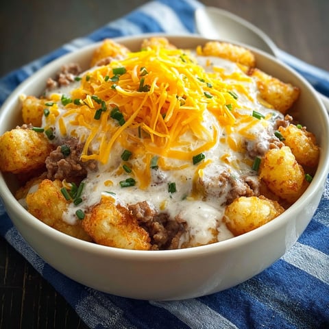 A bowl of food with cheese and tater tots.