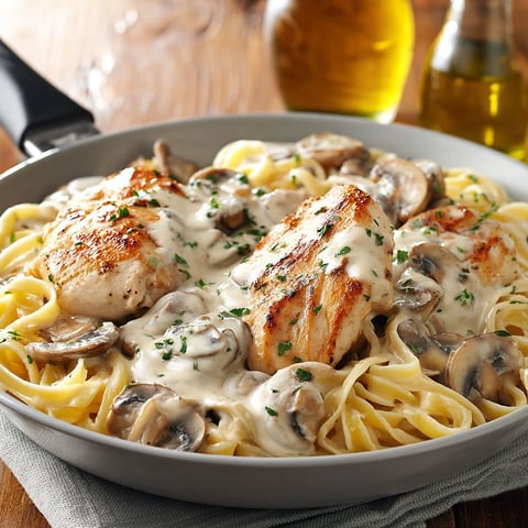 Chicken Alfredo with mushrooms and cheese.