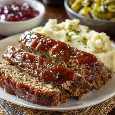 A plate of meatloaf with gravy and mashed potatoes.