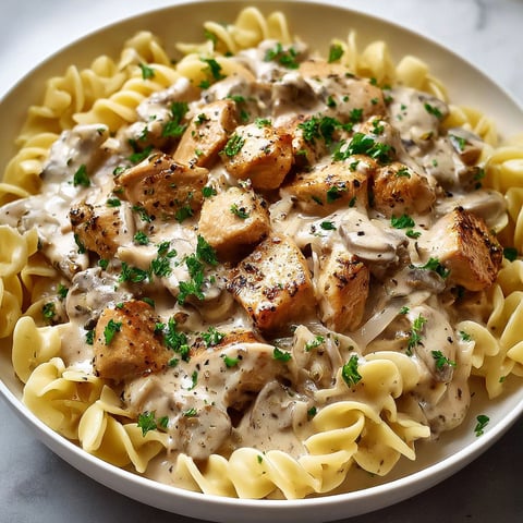 A bowl of chicken stroganoff with noodles and mushrooms.