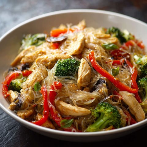 A bowl of chicken stir fry with rice noodles.