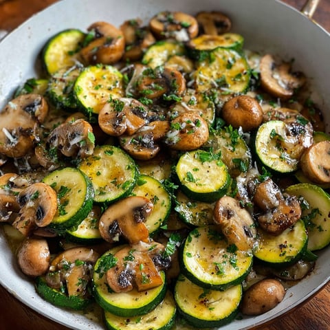 A skillet full of zucchini and mushrooms.