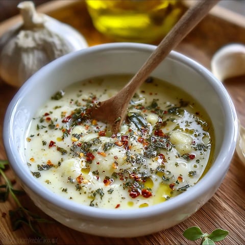 A bowl of garlic sauce with a spoon in it.