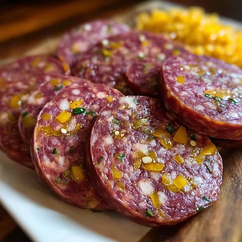 Sliced venison jalapeno cheddar summer sausage on a wooden cutting board.