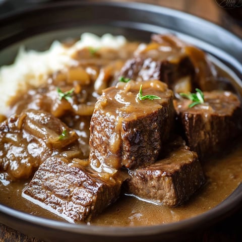 A bowl of beef stew with onions and green onions.