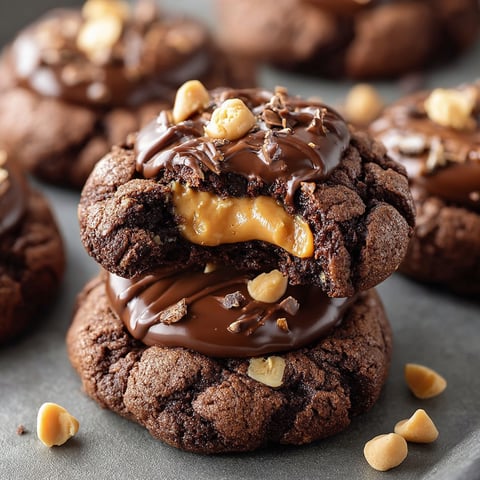 A close up of a chocolate covered peanut butter cookie.