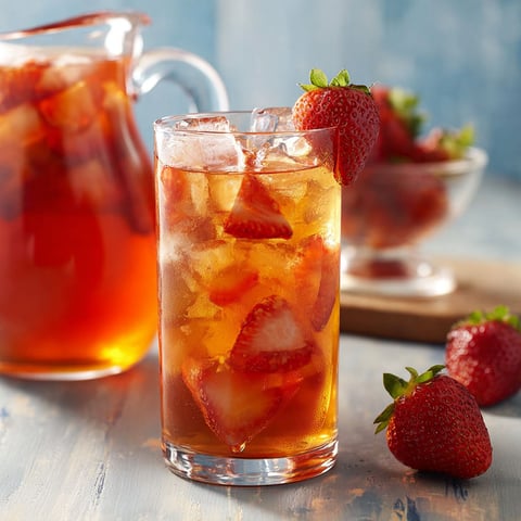 A glass of tea with strawberries in it.
