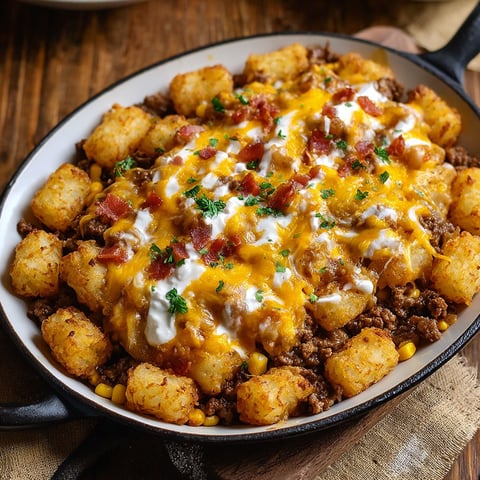A delicious looking cowboy casserole with tater tots.