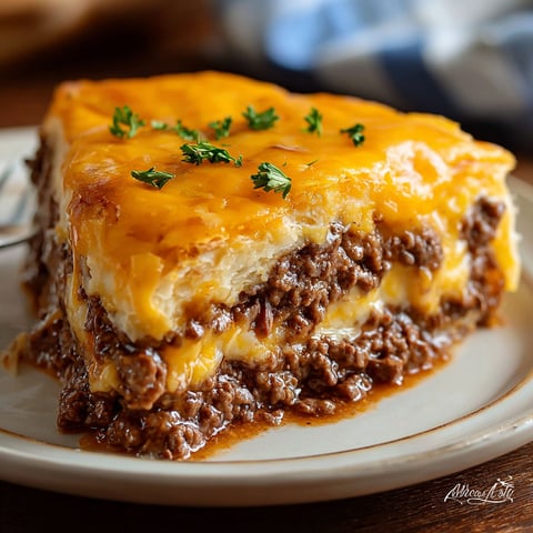 A slice of cheesy beef cake on a plate.