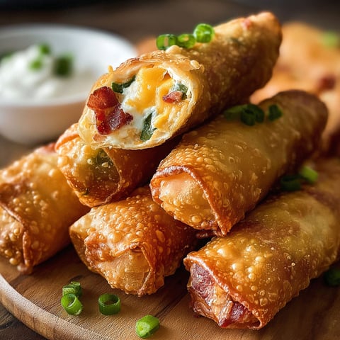 Bacon jalapeno egg rolls on a wooden table.