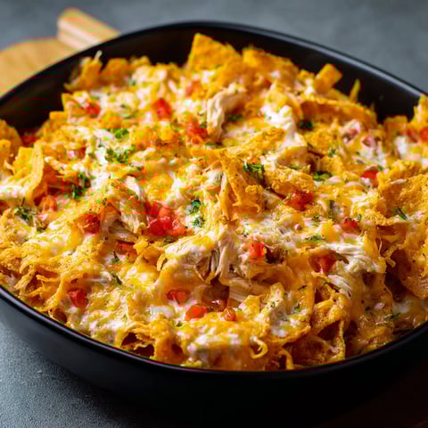 A bowl of Doritos Cheesy Chicken Casserole.
