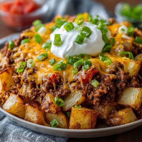 A plate of cheesy taco potatoes bake.