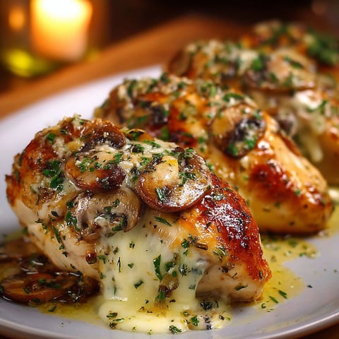A plate of chicken with mushrooms and garlic butter.