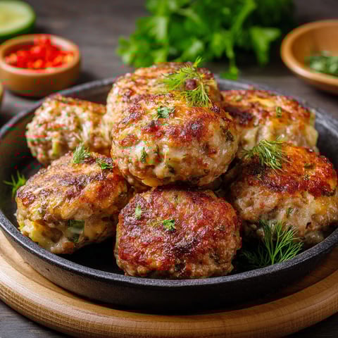 A plate of meatballs with cheese and vegetables.