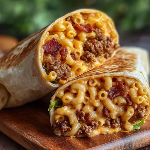 A burger wrap with bacon and macaroni.
