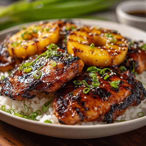 A plate of grilled chicken with pineapple and onions.