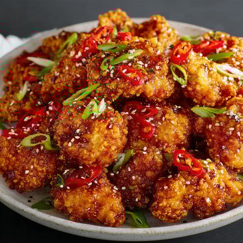A plate of crispy Korean fried chicken with a sweet and spicy sauce.