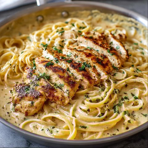 A dish of chicken and pasta.