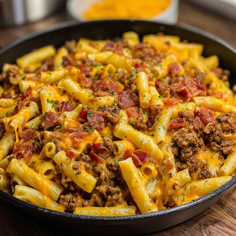A delicious bacon cheeseburger pasta bake.