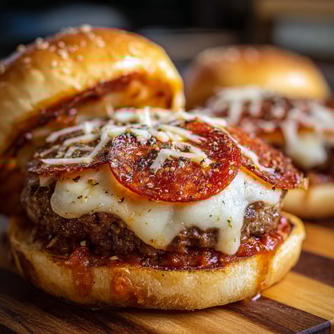 A close up of a pepperoni and mozzarella cheese burger.