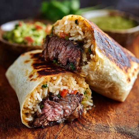 A smoked beef rib burrito on a wooden table.