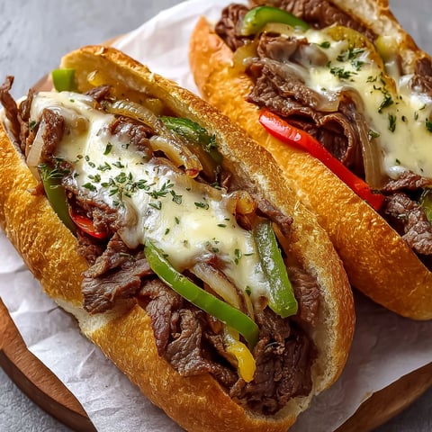 Two Philly Cheesesteak Hoagie Rolls with peppers and onions.